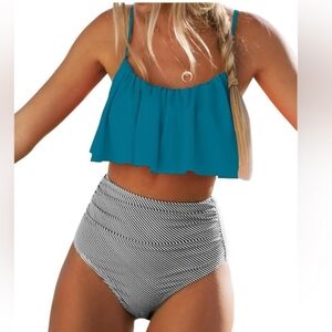 NWT Cupshe Teal Flounce Bikini with Striped High-Waist Bottom ~XL